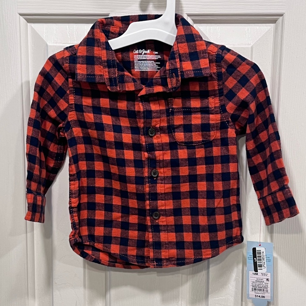 Cat & Jack Orange and Black Plaid Button-Down Flannel Shirt Size 12M NWT